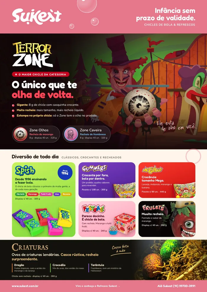 Folder Sukest, página 1: Terror Zone, Spish, Gummers, Megaball, Festball, Frulets e Criaturas